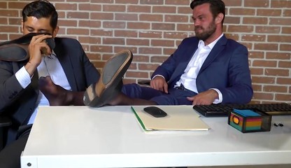 Bearded businessman foot worshipped by kinky Latino stud