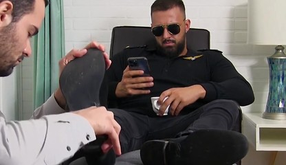Hot bearded stud foot worshiped and toe sucked by kinky guy